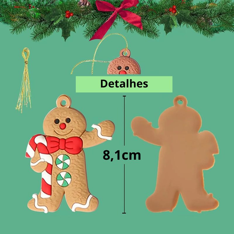 Conjunto de 12 Enfeites de Árvore de Natal em Silicone - Biscoito Encantado